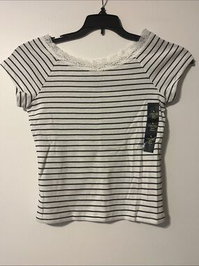 Art Class Striped Lace-Trim Short Sleeve Top - White/Black